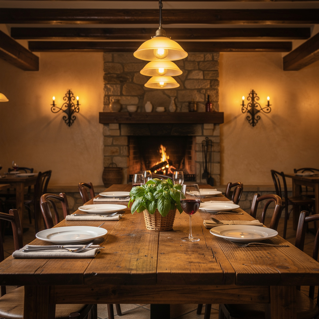 Warm trattoria dining room filled with candlelit wooden tables and joyful guests