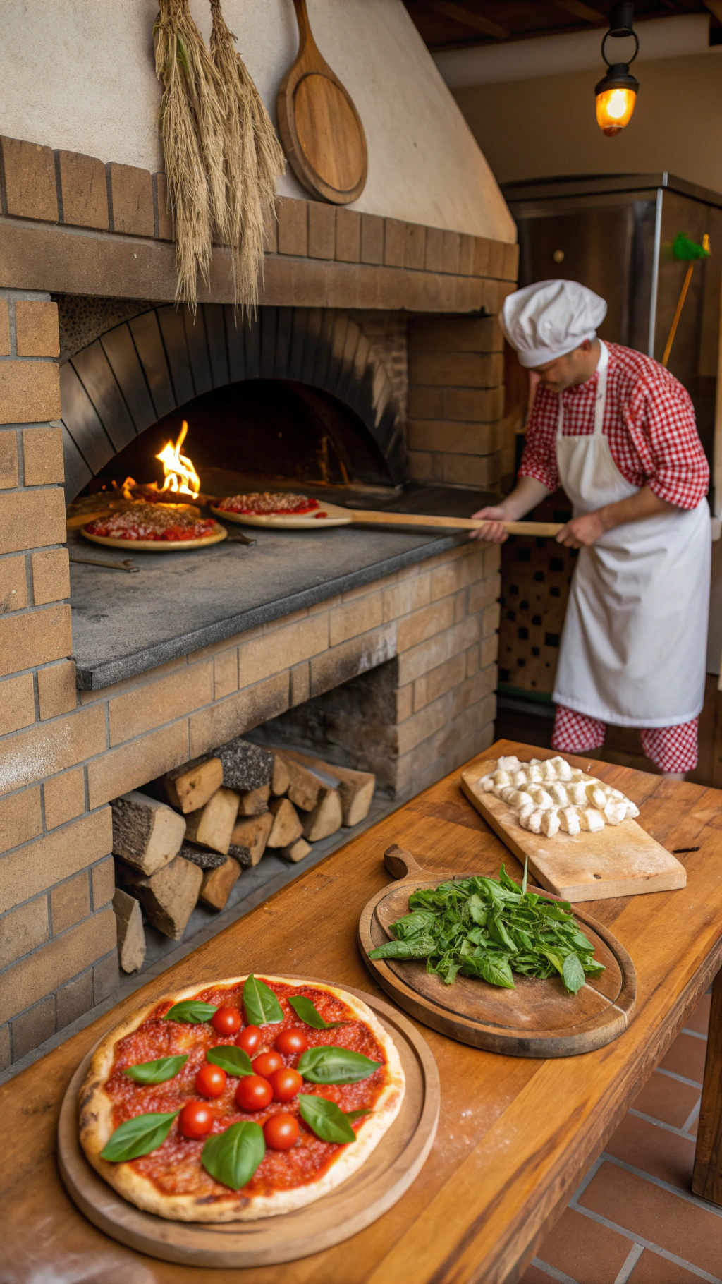 Wood-fired stone oven glowing with golden oak flames baking Neapolitan pizzas