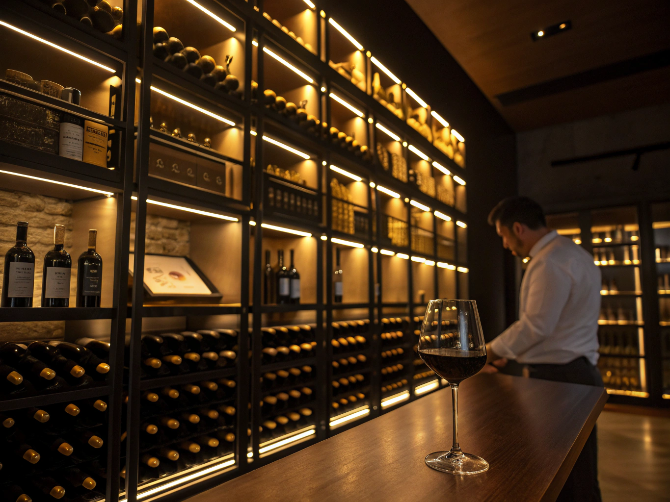 Head Sommelier Elena Moretti selecting a bottle in the cellar