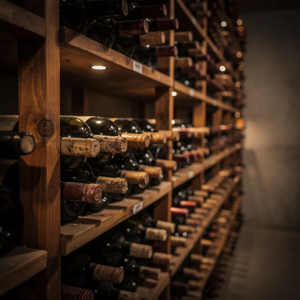 Rustic wine cellar rack with vintage Italian bottles and ambient lighting